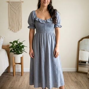 Smocked Puff-Sleeve Midi Dress in Light Blue